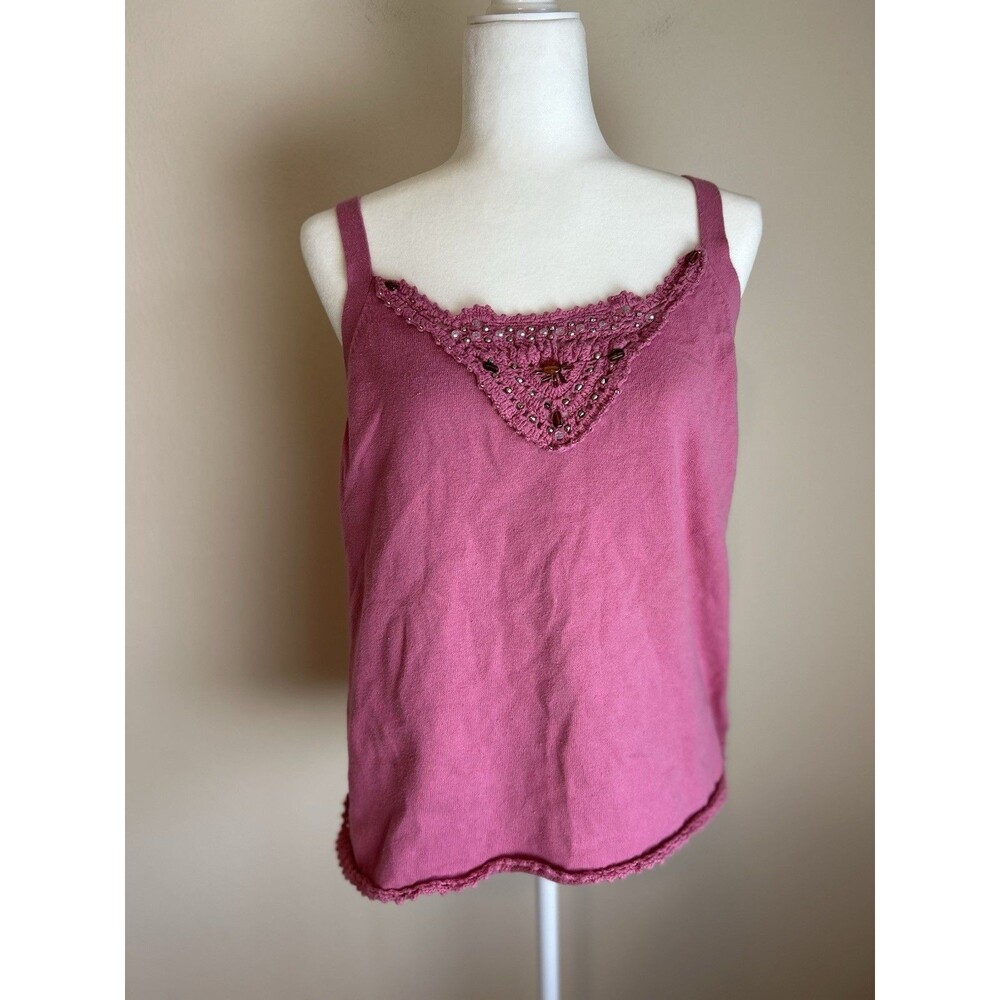 Vintage XL Fairycore Pink Tank Top Crochet Beaded Cottage Western Boho 90s Y2K